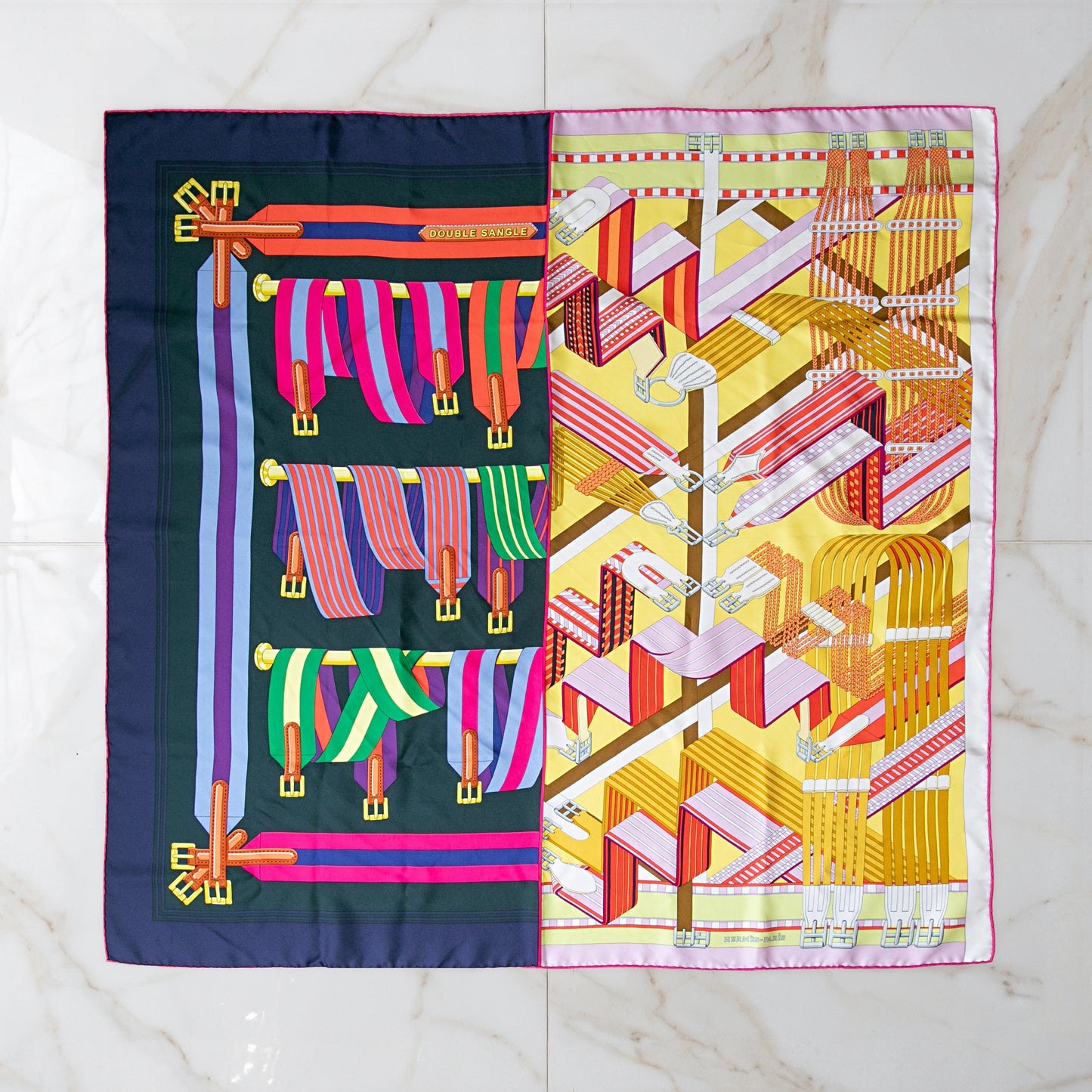 ダブルフェイス ダブルサングル DOUBLE SANGLE SCARF マリン×ジョーヌヴィフ ドゥブル・サングル　ヴィンテージエルメススカーフ　カレ９０
